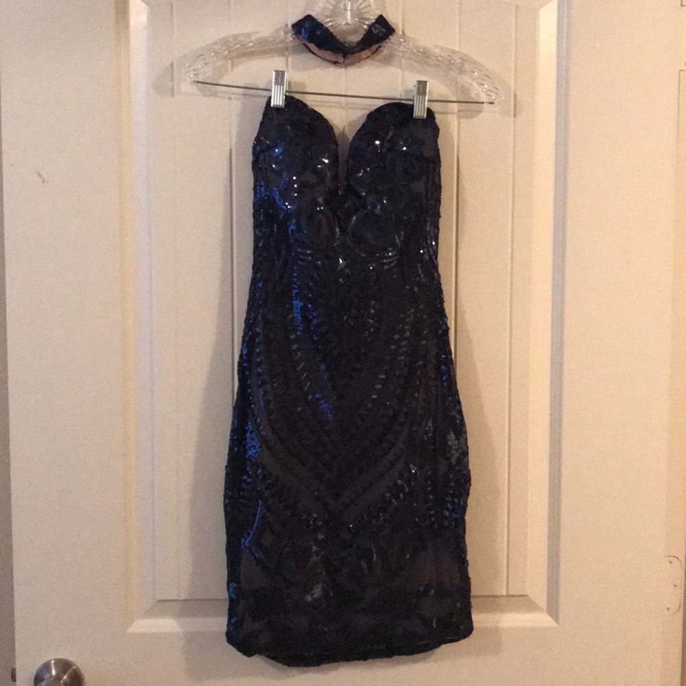 Navy Blue Sequin Dress with Choker